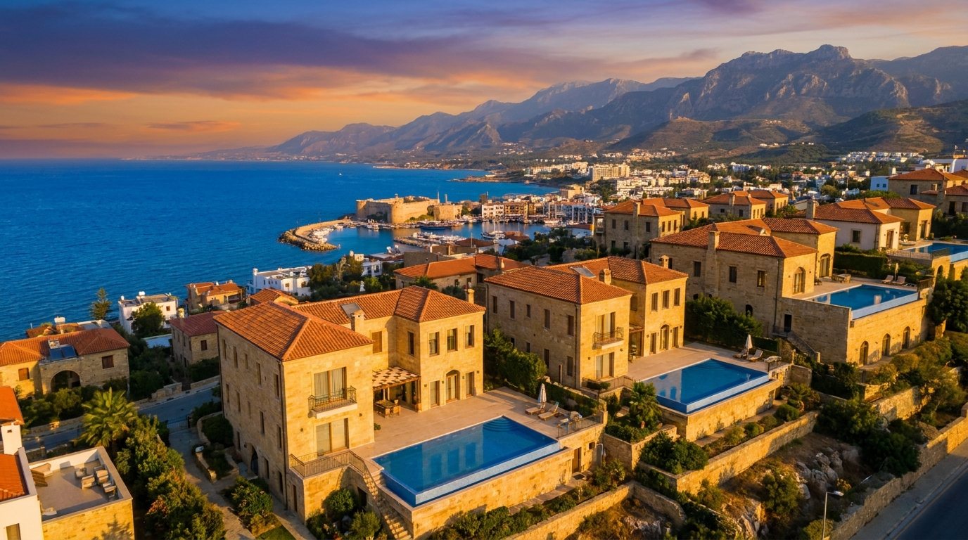Girne kıyı şeridi, yamaç villaları ve arka planda Beşparmak Dağları